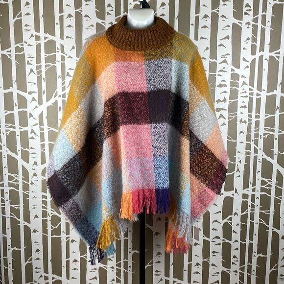 NEW Spring Colors Plaid Fringe Trim Poncho OS - Picture 9 of 10